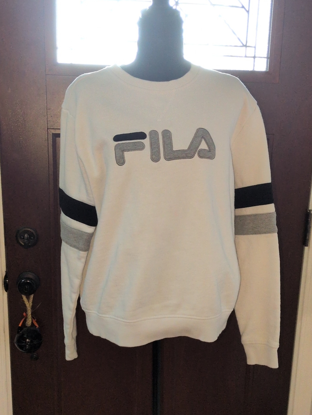 Women's White Crewneck Sweatshirt with Black & Gray Sleeve Stripes Size L